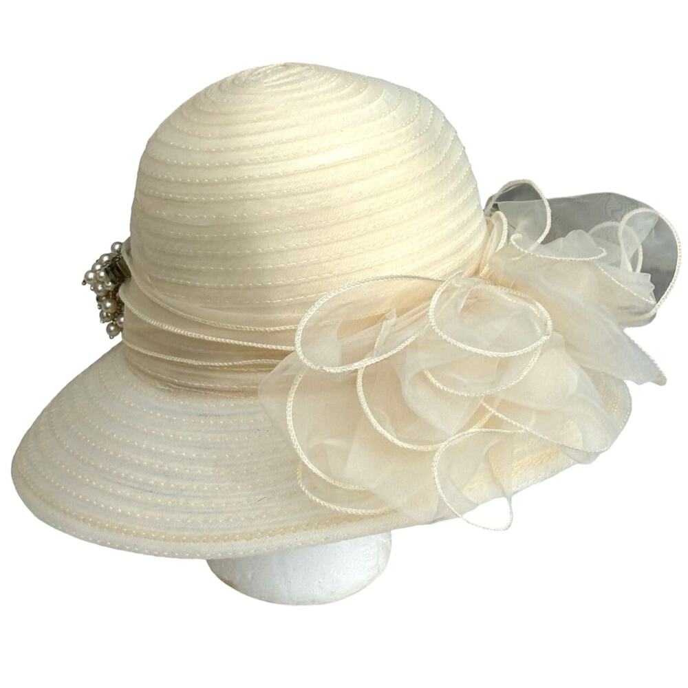 Vintage Cream Floral Straw Sun Hat - Picture 2 of 6